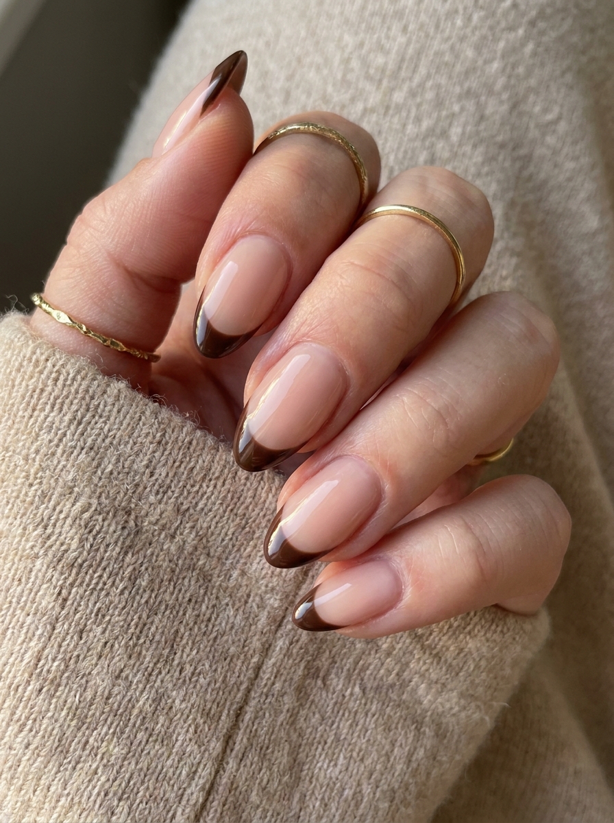 Chocolate Brown French Nails mit feinen braunen Spitzen